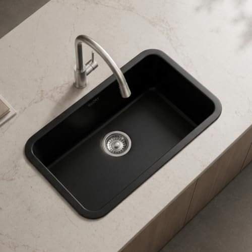 Image of GLOXY Premium Quartz Granite Single Bowl Kitchen Sink 31x19x9 Inches - Black Matte Finish Quartz Sink For Kitchen - Kitchen Sink With Coupling Hose Pipe and Drainer Basket & Undermount & Topmount