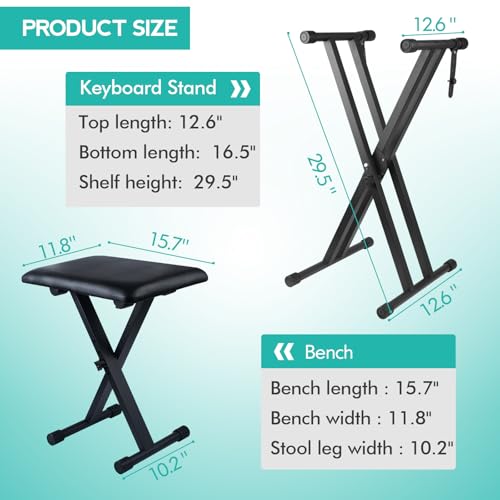 Image of Keyboard Stand & Piano Bench Set, Double X Adjustable, 7 & 4 Height Levels, Black Alloy Steel