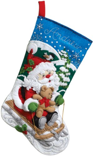 Bucilla 18-Inch Christmas Stocking Felt Applique Kit, 86279 Santa's Sled