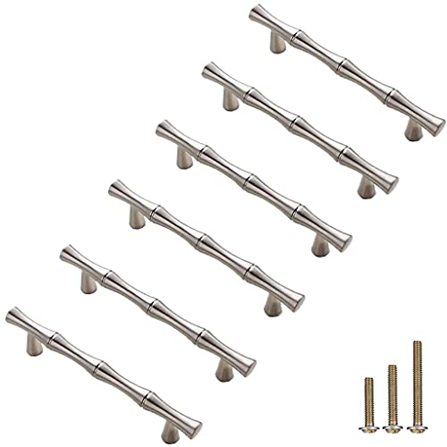 ESreake 6Pcs Bamboo Shape Solid Zinc Alloy Cabinet Knobs Handle pulls, Dresser Drawer Cabinet Cupboard Closet Door Pull Decorative Furniture Accessories Knobs (Length 4.9 Hole Distance 3.8 , Silver)