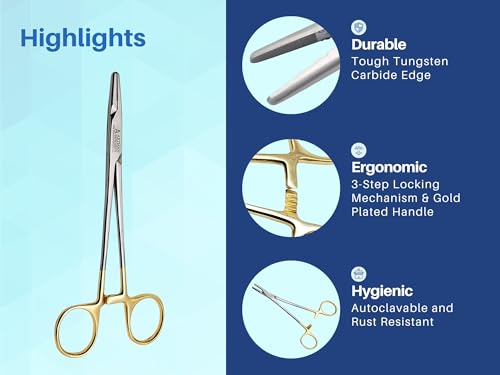 Image of Mayo Hegar Needle Holder 5 inch Tungsten Carbide Inserts, Gold Plated Needle Driver with Strong Lock, Serrated Jaws for Precise Suturing, Autoclavable (5 Inches)