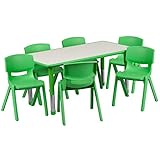 Flash Furniture 23.625''W x 47.25''L Rectangular Green Plastic Height Adjustable Activity Table Set with 6 Chairs