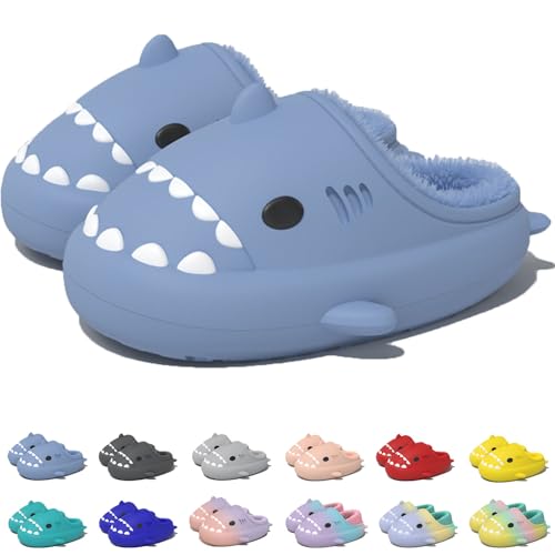 Jfxgjuv Sharklas Polares, Sharky Originales De Invierno, Shark Slides Winter, Winter Warm Cozy Plush Waterproof Non-Slip Cloud Shark Slides Slippers for Men Women (Blue Half,7-7.5 Women/5.5-6 Men)