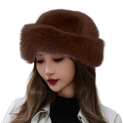 Celanisai Gorro difuso para mujer, gorro de piel marrón, grueso, cálido, gorro sintético de lujo, gorro de visón sintético para mujer, gorro de invierno para mujeres, niñas, piel sintética, gorro de
