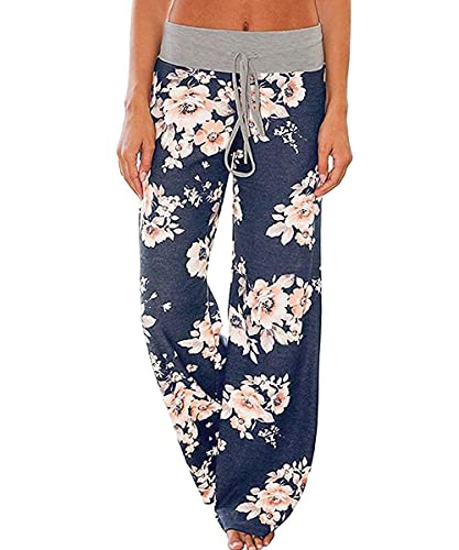 NEWCOSPLAY Women's Comfy Pajama Pants Floral Print Drawstring Palazzo Lounge Wide Leg Pants (Blue Flower, Small)