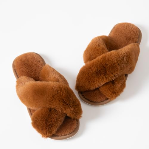 Image of Women's Cross Band Fuzzy Slippers Fluffy Open Toe House Slippers