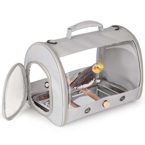Image of Bird Carrier, Portable Small Bird Parrot Parakeet Carrier with Standing Perch and Stainless Steel Tray, Side Access Window Collapsible (Grey, Cylinder Design - Clear)