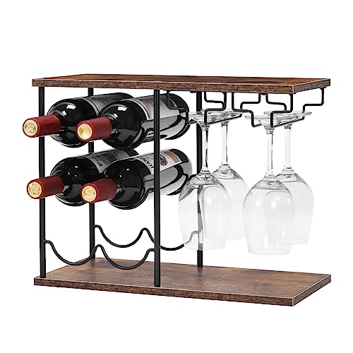 YBING Wine Rack Countertop Wine Holder Stand for 6 Wine Bottles and 4 Glasses Tabletop Small Wine Holder Wooden Wine Bottle Organizer for Kitchen, Bar, Wine Cellar, Cabinet (Brown)
