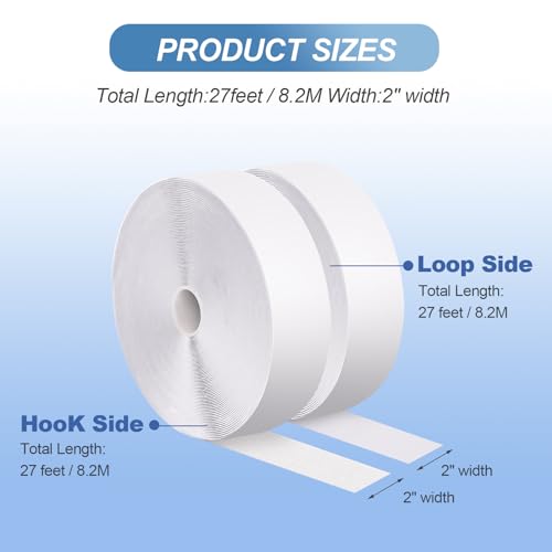 2''×27Ft White Heavy Duty Hook And Loop Tape Adhesive, No Punching Picture Wall Hanging Roll, Sticky Back Couch Cushions Grip, Keep Rugs in Place, Strong Adhesive Tape for DIY at Classroom Office Home