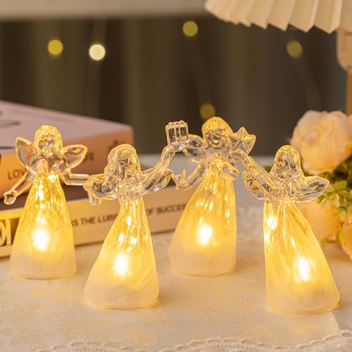 Weihnachtsdeko Engel Figur mit Warmes Licht, Weihnachten Deko LED Engel Figuren, 4 Stück Weihnachtsengel Figuren, Leuchtender Acryl Weihnachtsfiguren, Kleine Engelfiguren für Weihnachten Geschenke (A)