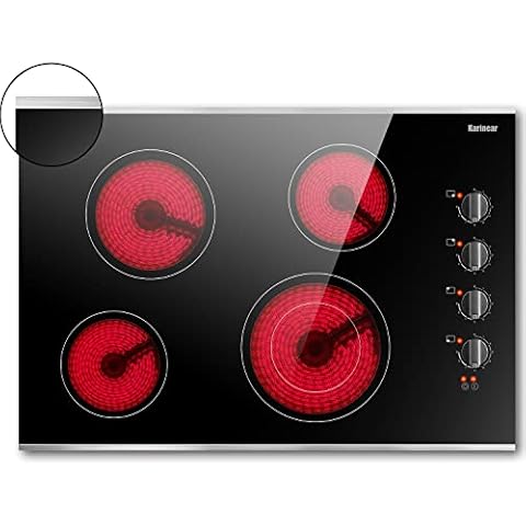 Karinear 30 Inch Electric Cooktop 4 Burners, Knob Control Built-in Ceramic Cooktop, 30" Radiant Electric Stove Top with Glass Protection Metal Frame,Hot Surface Indicator, 220-240v, Hard Wire, No Plug Cover