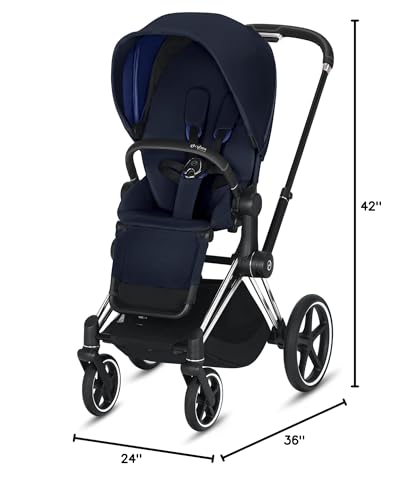 Image of Cybex e-Priam Complete Stroller, One-Hand Compact Fold, Reversible Seat, Smooth Ride All-Wheel Suspension, Extra Storage, Rocking Mode Technology w /App, Indigo Blue Seat with Chrome /Black Frame