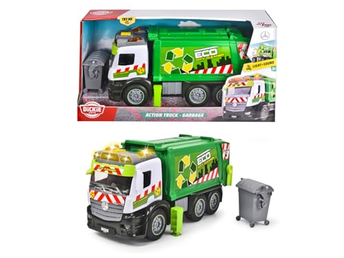 Dickie Toys – Action Truck Müllauto – Müllwagen inkl. Mülltonne, mit Sound und Warnlicht, Be- und Entladefunktion, Müllabfuhr für Kinder ab 3 Jahren, Grün/Weiß
