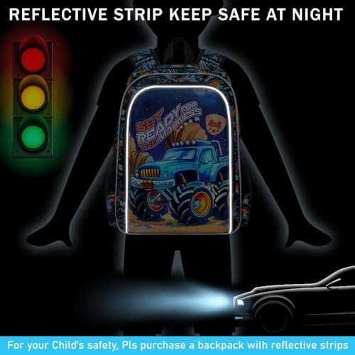 Image of HPJGD 3PCS Kids Truck Backpack for Boys, Water Resistant Bookbag Set with Lunch Box, Cool School Bag for Preschool Toddler - Blue Truck