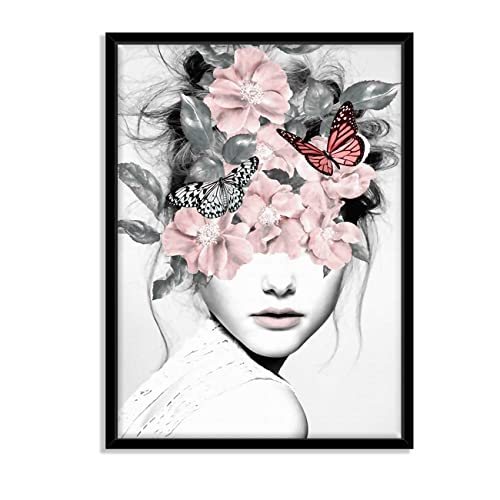 Image of PAINTINGMANTRA Blossom Pink Girl Flower Bouquet Black Framed Canvas Print for Wall, Home and Living Room Decoration (Size - 23 x 17 Inchs)