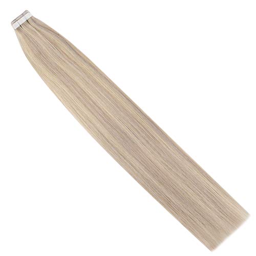 Tape in Real Human Hair Extensions 100g Remy Hair Extensions Tape in Blonde Invisible PU Tape in Hair 22 Inch #18 Ash Blonde with #613 Bleach Blonde Double Sided Human Hair Extensions 40pcs