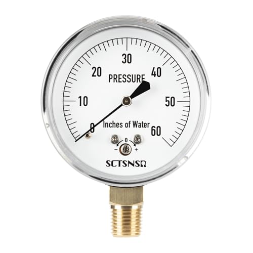 SCTSNSR 0 to 60 Inches of Water Column Pressure Gauge, Capsule Measurement System, 2.5 inch Dial, 1/4\" NPT Lower Mount, Chrome Plated Case, for Gas Line, Regulator, Air, Low Pressure Test