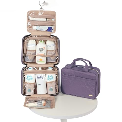 Image of NISHEL Travel Toiletry Bag for women, Portable Hanging Organizer for Family-Sized Shampoo, Conditioner, Brushes Set, Makeup Accessories, Extra Large Size, Purple