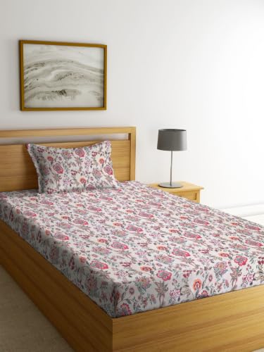 Image of NHD HOME Glace Cotton 180 TC Flat Single Bedsheets for Summer Breathable | Wrinklefree (Size-60 X 90 Inch) with 1 Pillow Covers (Size-17 X 27 Inches, Floral Beige & Green