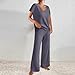 Womens Two Piece Outfits Casual V Neck Short Sleeve Tops Matching Wide Leg Pants Casual Solid Color Knit Lounge Sets Purple