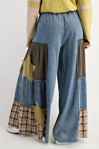 CHARTOU Women Baggy Ruffle Wide Leg Jeans Culotte Elastic High Waist Drawstring Cargo Denim Pants4