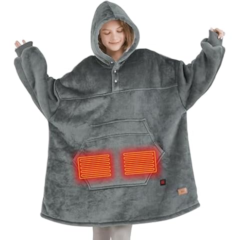 Degrees of Comfort Heated Wearable Blanket for Women Adult, Cordless Wearable Electric Blanket Hoodie Battery Powered, Warm Sherpa Sweatshirt Gift for Women, Grey Cover
