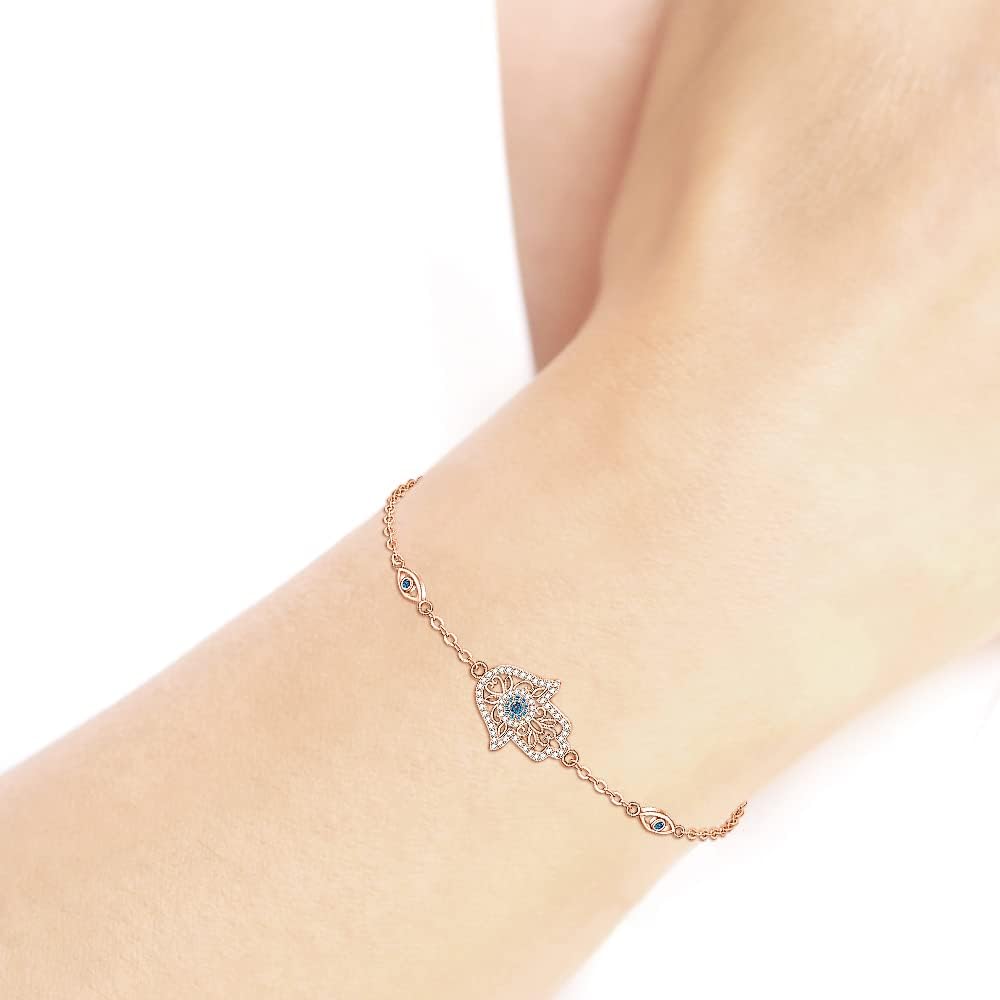 Hamsa Hand Evil Eye Bracelet for Women Sterling Silver Dainty Cute Crystal Round Blue Evil Eye Fatima Bracelets - Image 4