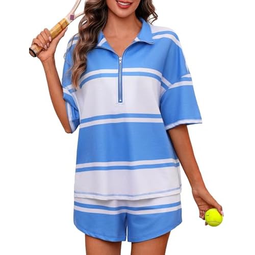 Totatuit Striped Short Sets for Women 2 Piece Outfits Summer Tracksuit Workout Travel Lounge Sets Gray Blue XX-Large