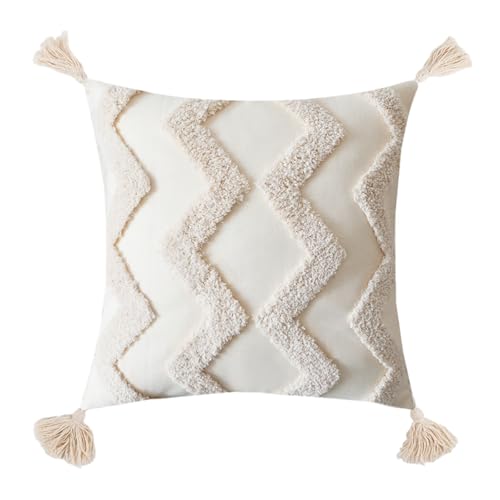 Housse de coussin bohème capitonnée en lin crème avec pompons