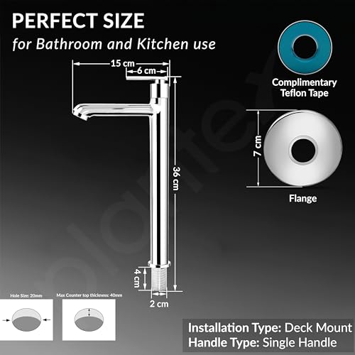Image of Plantex Pure Brass High Neck Pillar Cocke for Basin with Teflon Tape /Tap for Wash Basin with 7 Year Warranty - (3521, Chrome)