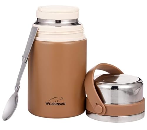 W&JOHNSON Food Flask Container, 800 ml Stainless Steel Double Walled Soup Flask Leakproof Food Jar Soup Containers with Foldable Spoon (brown)