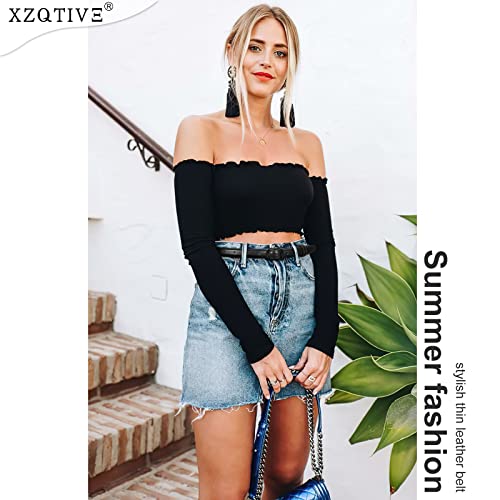 Xzqtive Black Skinny Belt For Women Jeans Thin Leather Waist Belts With Black Metal Prong Buckle #TOP5