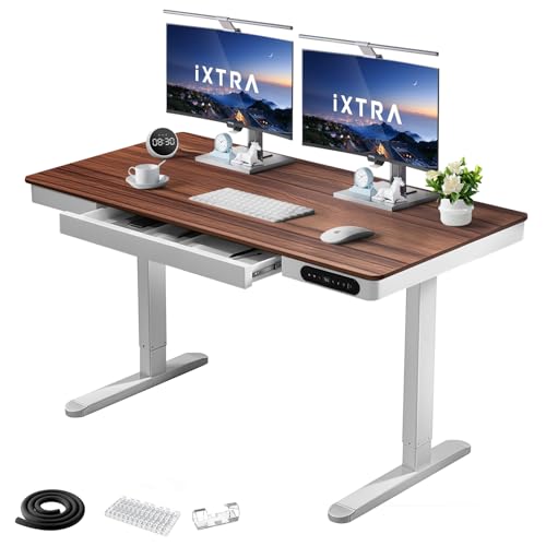 IXTRA Standing Desk with Drawer 140x60cm Whole Piece Tabletop Electric Standing Desk, Height Adjustable Desk with USB Charging Ports, Sit Stand Desk with Storage for Home & Office Walnut