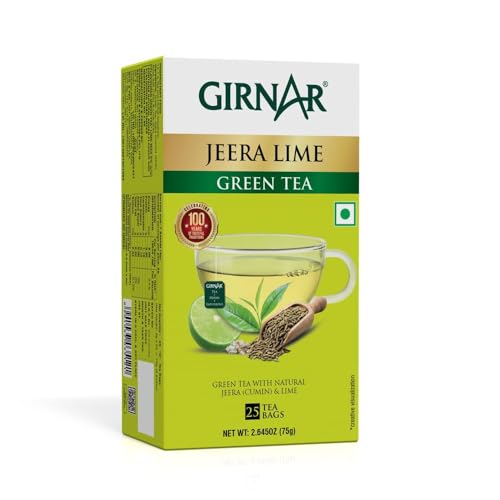 Image of Girnar Jeera Lime Green Tea Bags - Green Tea with Natural Cumin (Jeera) & Lime Flavor, 25 Tea Bags | Refreshing Herbal Infusion for Digestion & Metabolism Support