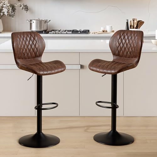 YUUIJOAA Juego de 2 Taburetes de Bar, Sillas Altas Giratorias Regulables en Altura, Acolchado PU, Sillas de Cocina con Respaldo y Reposapiés, Taburete Cocina Giratorio