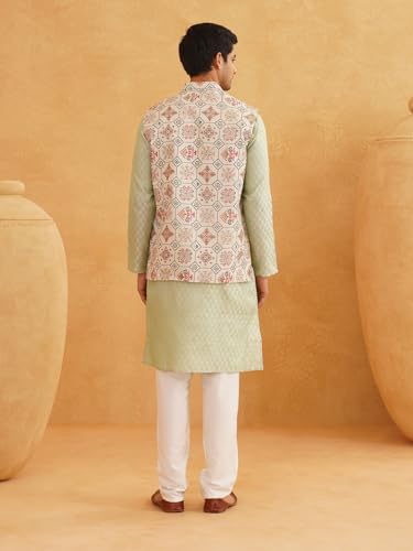 Image of SOJANYA (Since 1958 Men's Silk Blend Self Design Pista Green Kurta With Pyjama & Cream Nehru Jacket