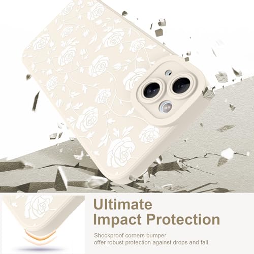 Image of Designed for iPhone 15 Case, Cute Rose Flower Floral Pattern Design, Slim Soft TPU Liquid Silicone Protective Cover for Women Girls - White