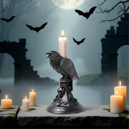 Gothic Raven Candle Holder with Skull Base