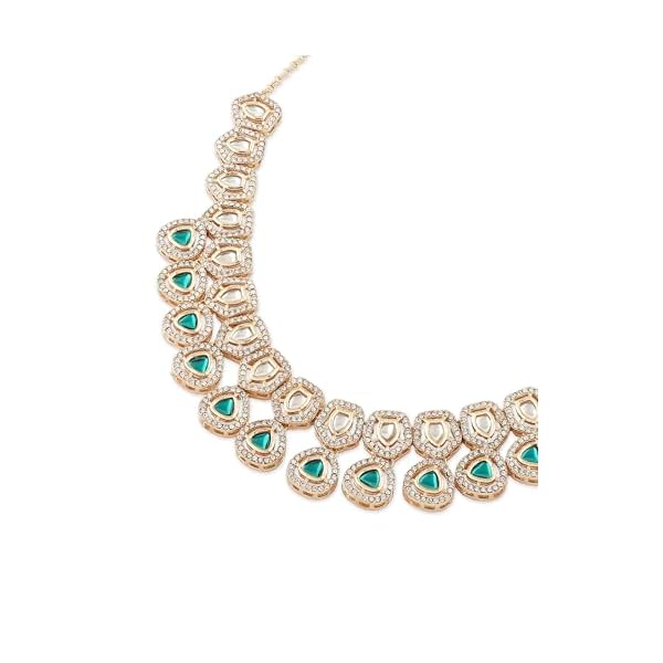 ZAVERI PEARLS Green Kundan & Dazzling Austrian Diamonds Necklace Earring & Ring Set For Women-ZPFK16771 - Image 5