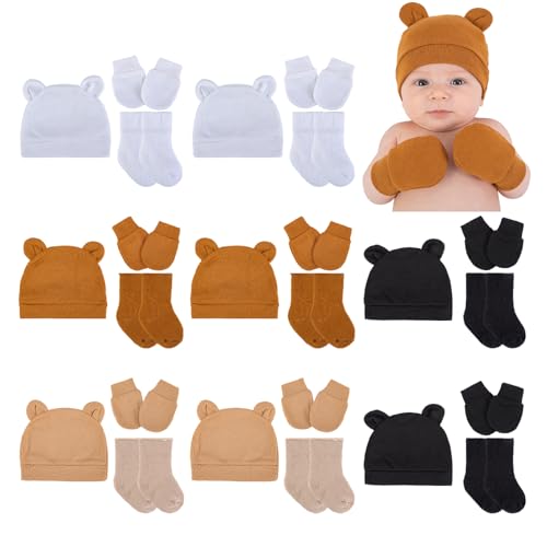 Image of 8 Pack Newborn Preemie Mittens Hats Socks Set - Unisex Beanie with Bear Ears,Cotton,NICU Essentials for Baby Girl Boy
