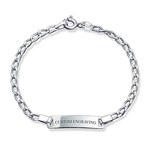 Dainty Virgin Mary Personalize Thin Religious Identification ID Bracelet Figaro or Curb Cuban Chain Link .925 Silver Sterling Small Wrist 6,7 Inch