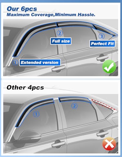 Image of 6-PCS Extra-Thick Rain Guards Fit for Honda Civic Sedan 2022-2026 Extra Durable Tape-on Window Rain Guard Window Deflectors Vent Shades Window Visor Vent Visors Exterior