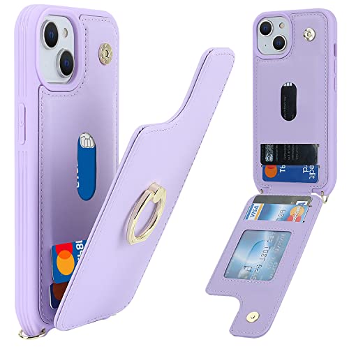Image of for iPhone 14 Plus Case with Card Holder and Strap for Women,Crossbody Lanyard,RFID Blocking,Stand Ring Kickstand,Snap Clasp,Phone Wallet Cases 6.7 inch(Purple)