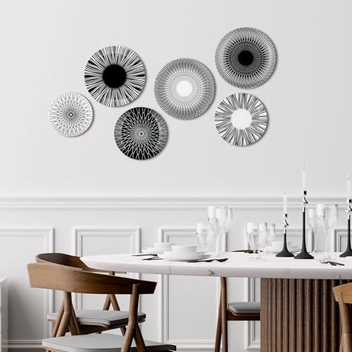 Hicarer Set of 6 Black and White Plate Wall Decor Minimalist Ceramic Plate Wall Art with W-shaped Invisible Hooks & Silver Nails, Multi-use Dinner Plates for Home Office Art & Dining - Image 5
