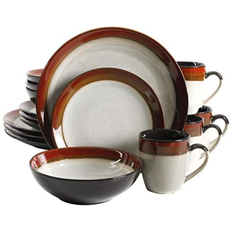 Gibson Elite Couture Bands Round Reactive Glaze Stoneware Dinnerware Set, Service for Four (16pcs), Red and Cream Cover