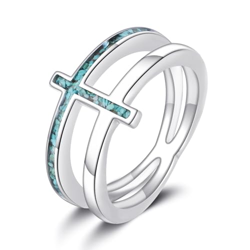 URONE Kreuzring Sterlingsilber Kreuz Türkisring Christlicher Schmuck Geschenke für Damen Größe 57