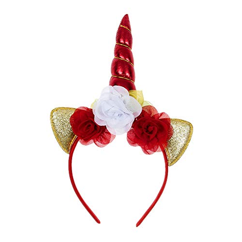 Nishine Kids Glitter Unicorn Horn Floral Headband Girls Party Hairbands Facncy Cosplay Decoration Party Supplies Photo Props (Red)