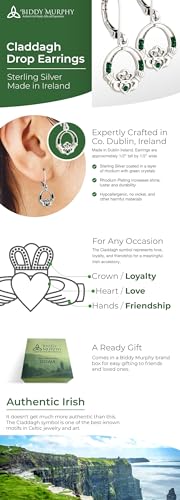 Biddy Murphy, Traditional Irish Claddagh Women's Earrings, Emerald Green Crystal Rhodium Plated Drops, Classic Silver Celtic Jewelry Made in Ireland by Artisan Jewelers2