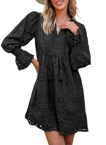 Image of Dokotoo Womens 2026 Boho Dress Tassel V Neck Long Sleeve A Line Casual Hollow Out Lace Ruffle Party Dresses