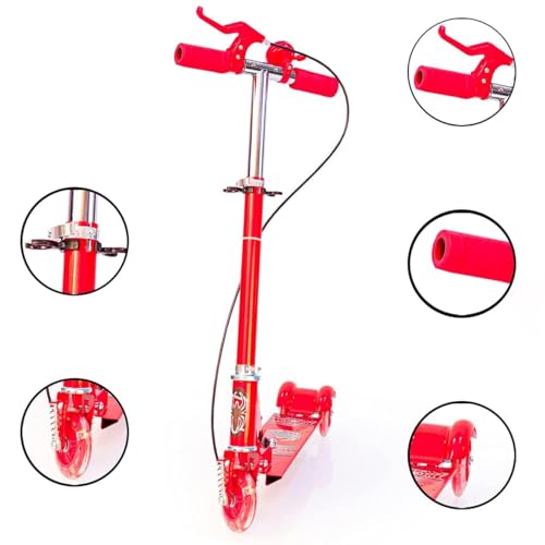 Image of Foldable Kick Skating Cycle LED Wheels | Kids 3 Wheel Kick Scooter with Adjustable Handlebar & Hight, Front Brake, Bell and Printed Deck | Skate Scooter for Kids Age 2-12 Years. (RED)